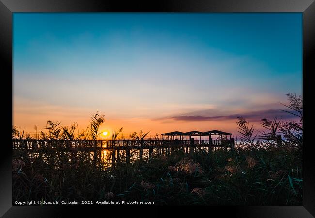 A beautiful sunset on Lago di Garda near the wooden jetty. Framed Print by Joaquin Corbalan