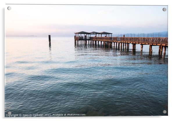 A beautiful sunset on Lago di Garda near the wooden jetty. Acrylic by Joaquin Corbalan
