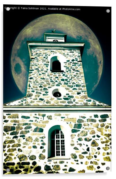 Church Belltower and Full Moon  Acrylic by Taina Sohlman