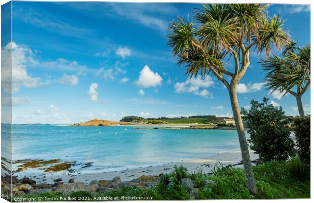 The beach at Old Grimsby, Tresco, Isles of Scilly Canvas Print by Justin Foulkes