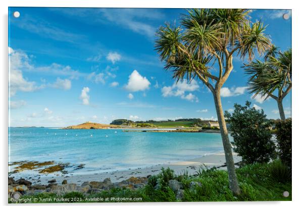 The beach at Old Grimsby, Tresco, Isles of Scilly Acrylic by Justin Foulkes
