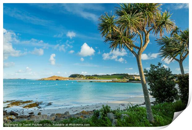 The beach at Old Grimsby, Tresco, Isles of Scilly Print by Justin Foulkes