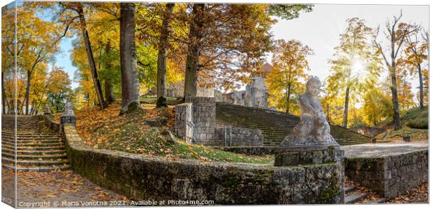 Autumn park with stairs and stone statues Canvas Print by Maria Vonotna