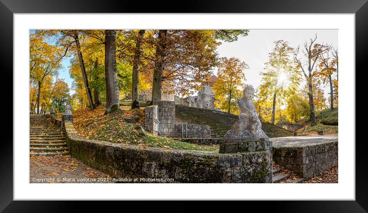 Autumn park with stairs and stone statues Framed Mounted Print by Maria Vonotna
