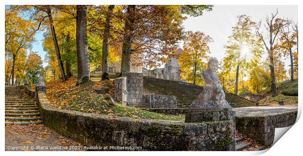 Autumn park with stairs and stone statues Print by Maria Vonotna