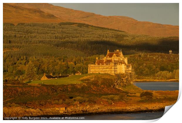 Duart Castle Isle of Mull scotland west coast as the sun is rising,  Print by Holly Burgess