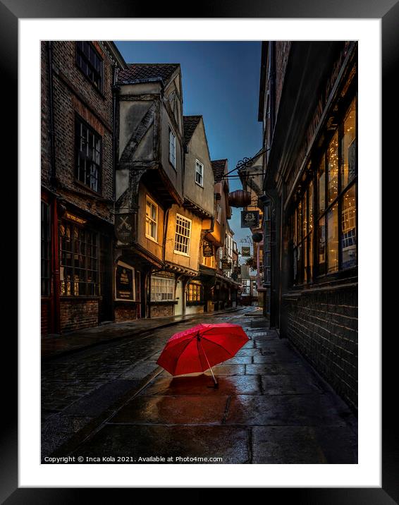 Red Umbrella On The Pavement Of The Shambles Framed Mounted Print by Inca Kala