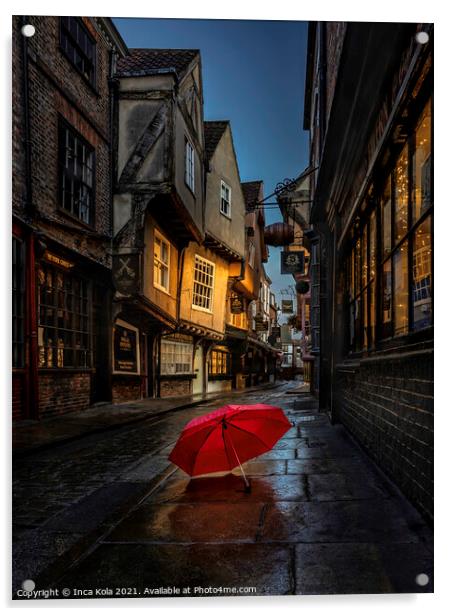 Red Umbrella On The Pavement Of The Shambles Acrylic by Inca Kala