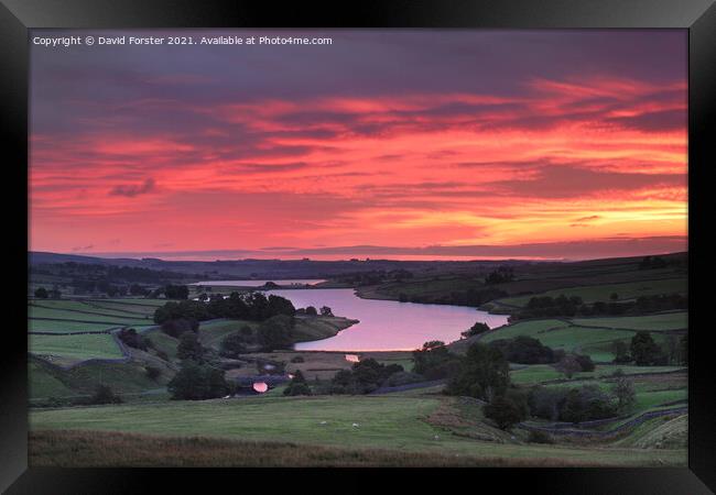 Beautiful Red Dawn Sky over Baldersdale, Teesdale, UK Framed Print by David Forster