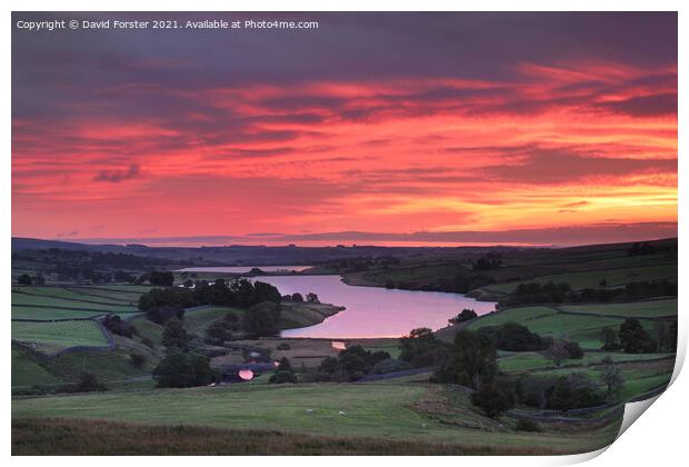 Beautiful Red Dawn Sky over Baldersdale, Teesdale, UK Print by David Forster