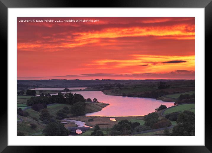 Beautiful Red Dawn Sky over the Blackton and Hury Reservoirs, Ba Framed Mounted Print by David Forster