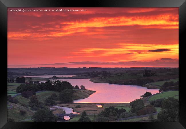 Beautiful Red Dawn Sky over the Blackton and Hury Reservoirs, Ba Framed Print by David Forster
