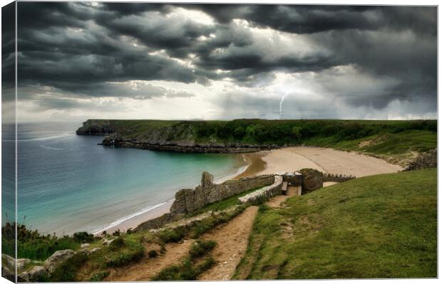 Striking Stormy Seascape at Barafundle Bay Canvas Print by Tracey Turner