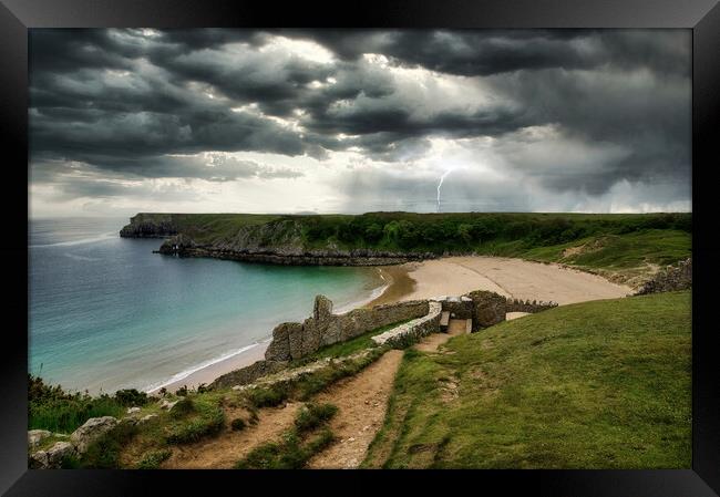 Striking Stormy Seascape at Barafundle Bay Framed Print by Tracey Turner