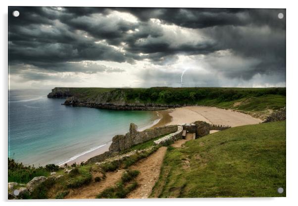 Striking Stormy Seascape at Barafundle Bay Acrylic by Tracey Turner
