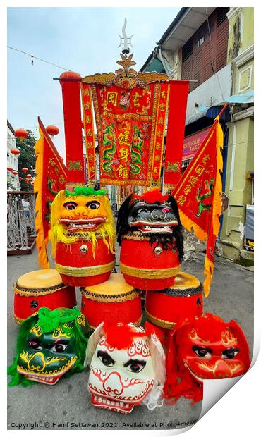 Chinese dragon masks drums and flags Print by Hanif Setiawan