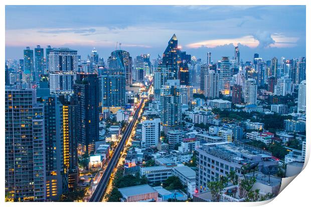 The Cityscape, the Railway of the Skytrain and the skyscraper of Bangkok in Thailand Southeast Asia at the Evening Print by Wilfried Strang