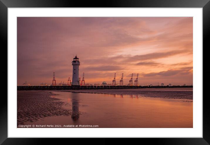 New Brighton Lighthouse and Seaforth Docks at Sunr Framed Mounted Print by Richard Perks