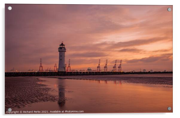 New Brighton Lighthouse and Seaforth Docks at Sunr Acrylic by Richard Perks