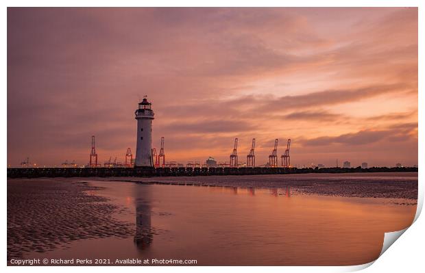 New Brighton Lighthouse and Seaforth Docks at Sunr Print by Richard Perks