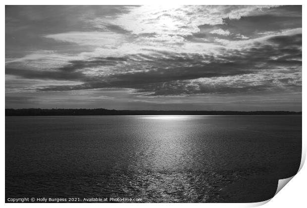 Monochrome Serenity: Ocean Sunset Print by Holly Burgess