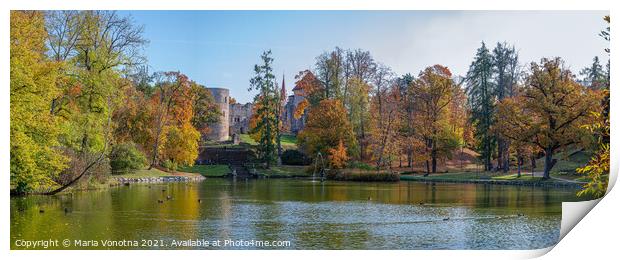 View of lake and medieval castle in autumn.  Print by Maria Vonotna
