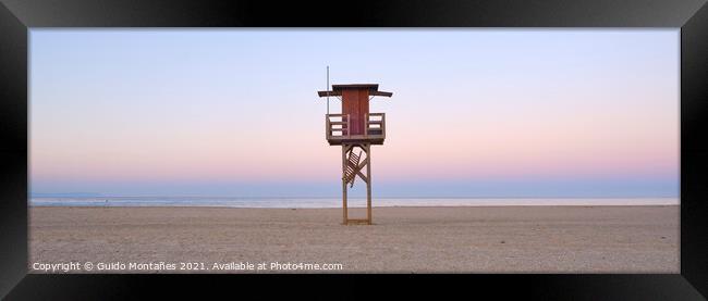 Beach tower. Bolonia beach at sunrise. Tarifa. Spain. Panoramic Framed Print by Guido Montañes