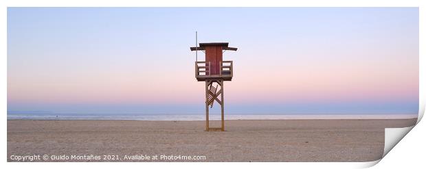 Beach tower. Bolonia beach at sunrise. Tarifa. Spain. Panoramic Print by Guido Montañes
