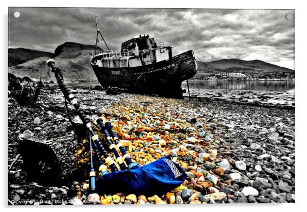 Bagpipes beside boat wreck Acrylic by Morag Locke