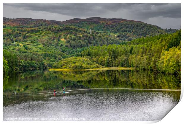 Serene Paddle Boarding Adventure on Faskally Loch Print by Michael Birch