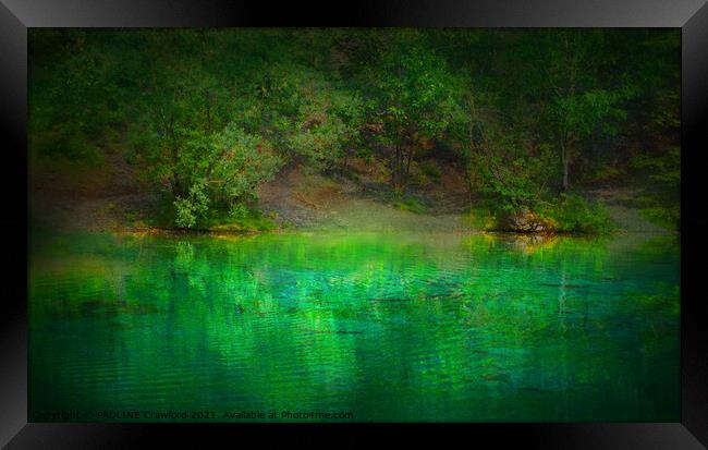 Green lake water with trees in Canmore Alberta Rocky Mountains Framed Print by PAULINE Crawford