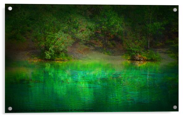Green lake water with trees in Canmore Alberta Rocky Mountains Acrylic by PAULINE Crawford
