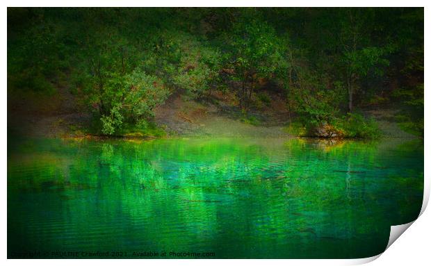 Green lake water with trees in Canmore Alberta Rocky Mountains Print by PAULINE Crawford