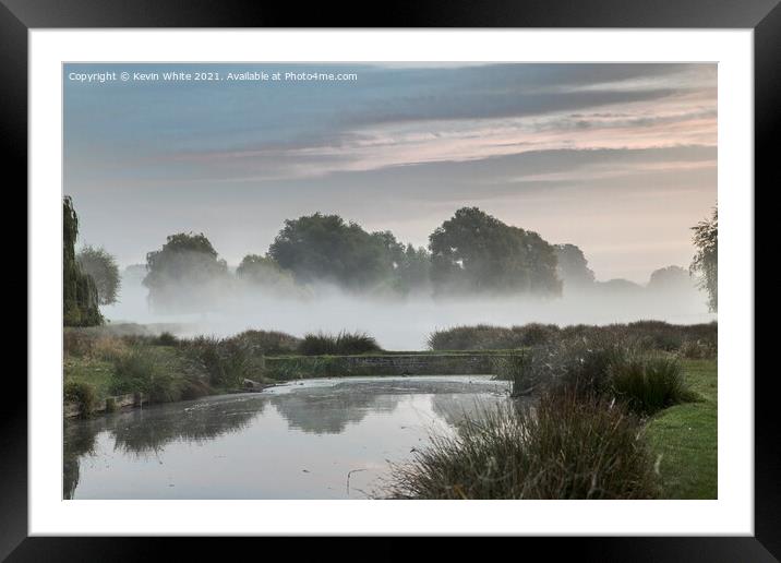 Pond bridge in morning mist Framed Mounted Print by Kevin White