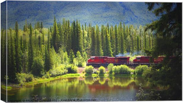 CP Rail Railroad Red Train in the Canadian Rocky Mountains Canvas Print by PAULINE Crawford
