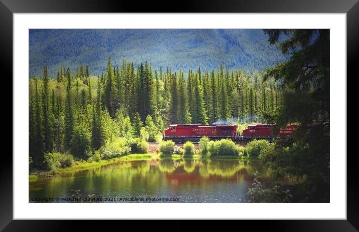 CP Rail Railroad Red Train in the Canadian Rocky Mountains Framed Mounted Print by PAULINE Crawford