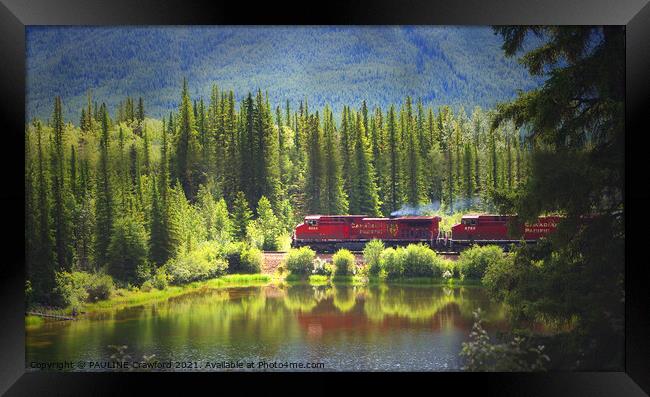 CP Rail Railroad Red Train in the Canadian Rocky Mountains Framed Print by PAULINE Crawford