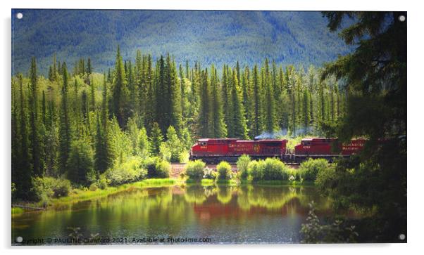 CP Rail Railroad Red Train in the Canadian Rocky Mountains Acrylic by PAULINE Crawford