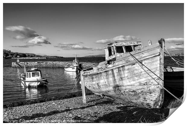 Boats at Broadford in mono Print by Chris Drabble