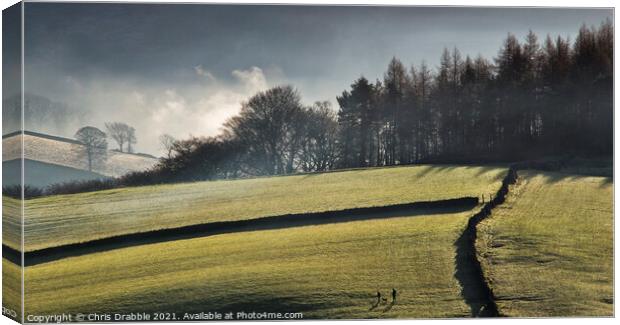 Fields above Bamford in morning mists Canvas Print by Chris Drabble