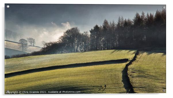 Fields above Bamford in morning mists Acrylic by Chris Drabble