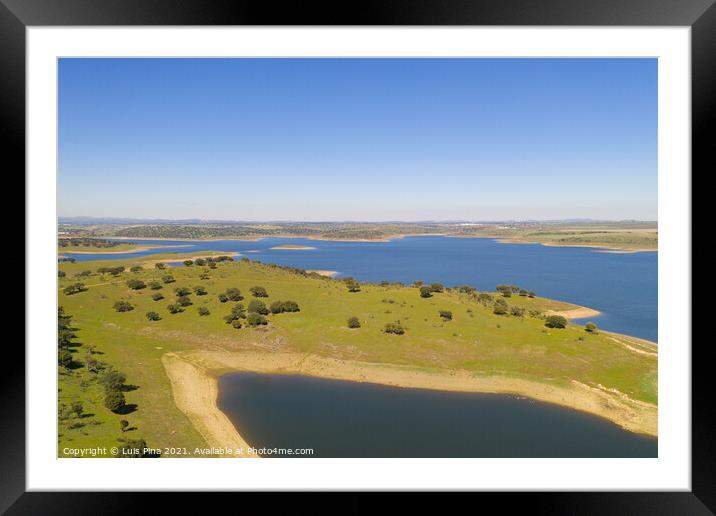 Dam lake reservoir drone aerial view of Barragem do Caia Dam olive trees landscape in Alentejo, Portugal Framed Mounted Print by Luis Pina
