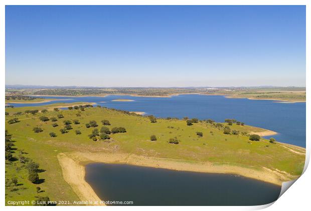 Dam lake reservoir drone aerial view of Barragem do Caia Dam olive trees landscape in Alentejo, Portugal Print by Luis Pina