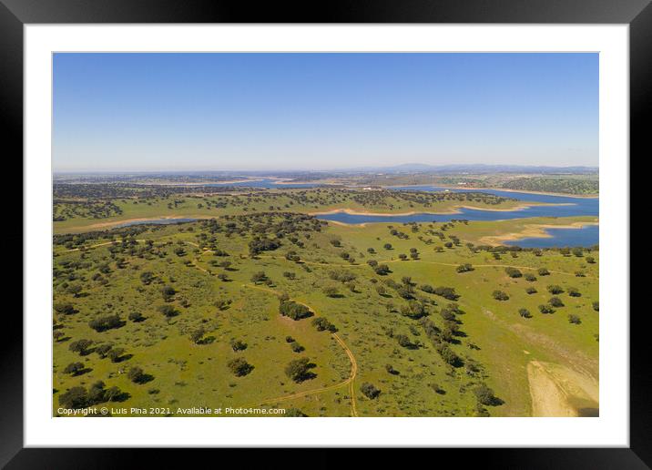 Dam lake reservoir drone aerial view of Barragem do Caia Dam olive trees landscape in Alentejo, Portugal Framed Mounted Print by Luis Pina