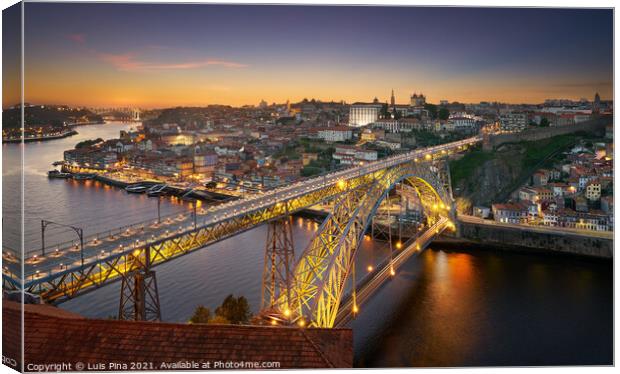 Porto City View ad dawn with Douro river and D. Luis Bridge, in Portugal Canvas Print by Luis Pina