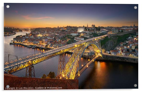 Porto City View ad dawn with Douro river and D. Luis Bridge, in Portugal Acrylic by Luis Pina