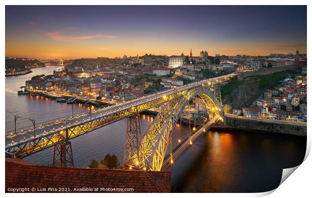 Porto City View ad dawn with Douro river and D. Luis Bridge, in Portugal Print by Luis Pina
