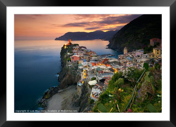 View of Vernazza antique picturesque village in Cinque Terre at sunset Framed Mounted Print by Luis Pina