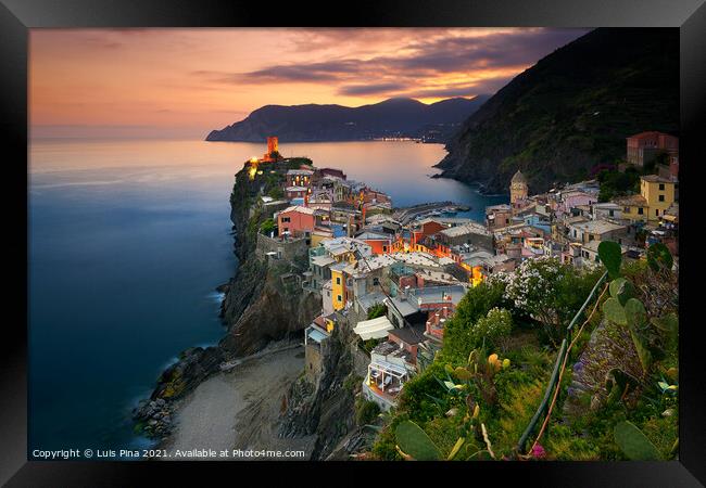 View of Vernazza antique picturesque village in Cinque Terre at sunset Framed Print by Luis Pina