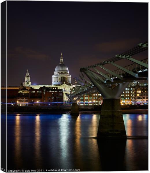 St. Paul's Cathedral and Millenium Bridge in London at night, in England Canvas Print by Luis Pina